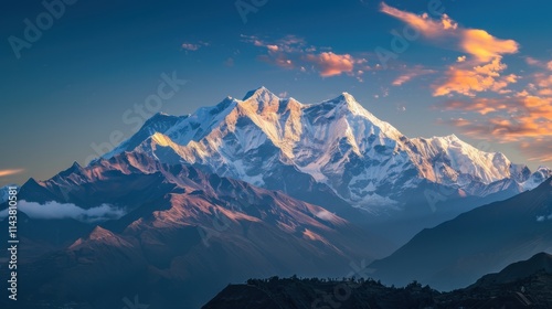 Majestic snow-capped mountains at sunrise, breathtaking and serene. Golden hour light.