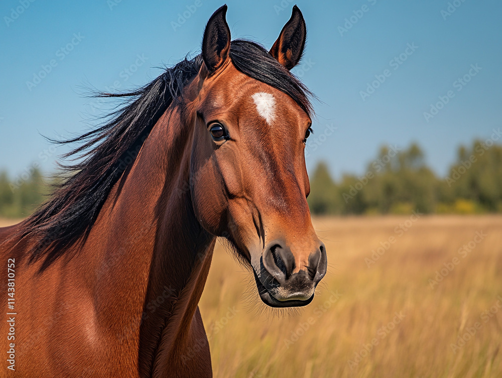 Fototapeta premium Brown horse under blue sky in open plain, distant trees