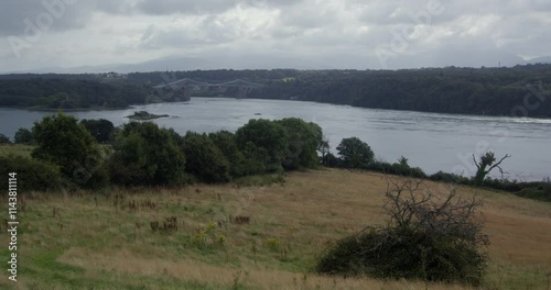 shot of the Menai Strait with Menai Suspension Bridge in background at Llanfairpwllgwyngyll photo