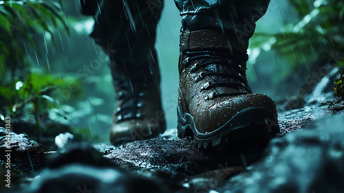 Fototapeta Naklejka Na Ścianę i Meble -  Rainy Trail Trekking Boots 