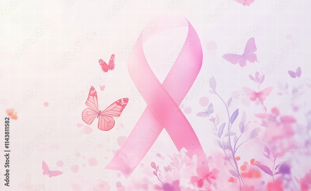 pink ribbon with flowers and butterflies for cancer awareness month. Breast Cancer Awareness. women's health care, support. banner design template for a medical poster or campaign pink ribbon with flowers and butterflies for cancer awareness month. Breast Cancer Awareness. women's health care, support. banner design template for a medical poster or campaign
