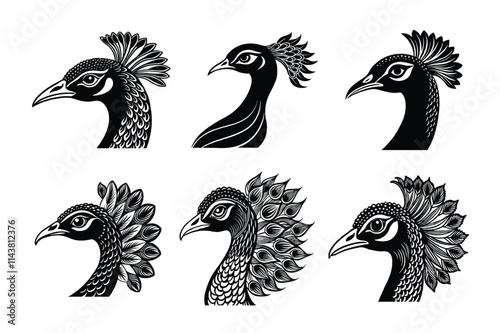 Set of peacock head silhouette vector illustration