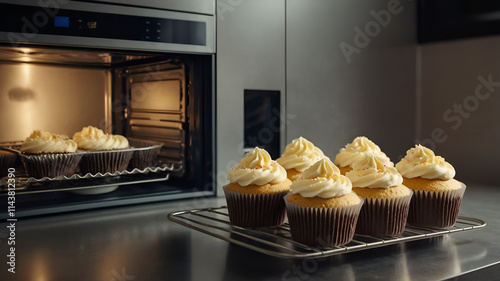 Delicious cupcake baking in microwave oven 