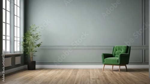 Green armchair in a minimalist room with large windows