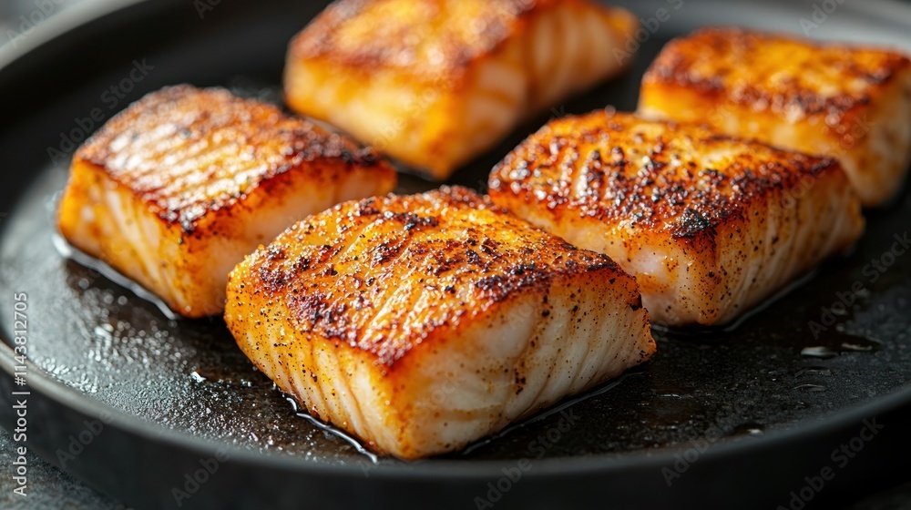 Sizzling pieces of perfectly cooked salmon fillets. Sizzling pieces of perfectly cooked salmon fillets.