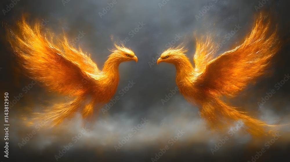 Obraz premium Two fiery phoenix birds facing each other in a smoky sky.