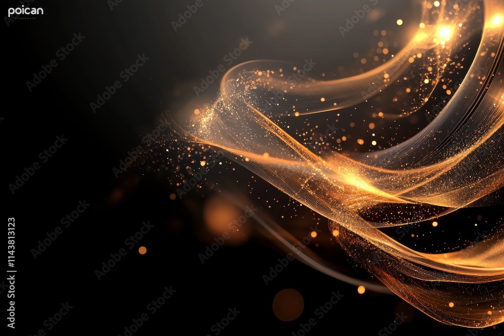 Obraz premium Swirling golden particles creating an ethereal light effect in a dark background, enhancing visual depth and beauty
