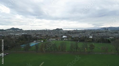 Urban Green Space, Edinburgh Park from Drone View. Aerial Scotland. photo