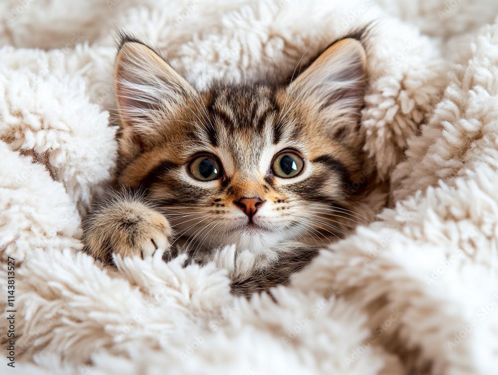 Obraz premium Cute kitten snuggled in fluffy bedding
