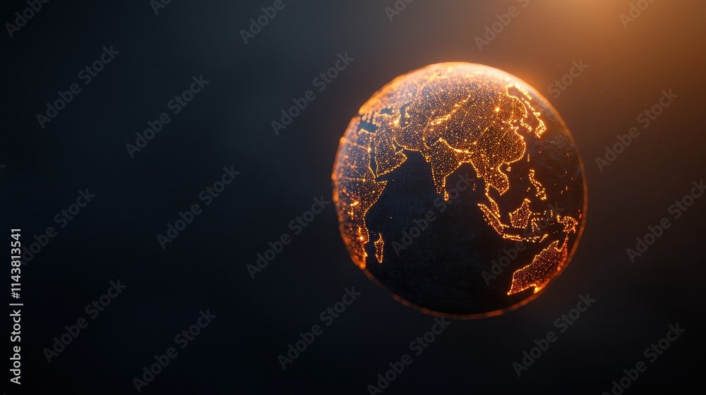 A glowing representation of Earth, showcasing illuminated cities against a dark background, emphasizing global connectivity and technology.