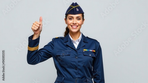 A smiling female airforce officer proudly wears a navy blue uniform, adorned with vibrant yellow and blue stripes on her sleeve, as she points directly at the camera with a friendly gaze