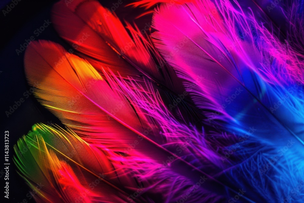 Fototapeta premium Neon glow feathers on a black background, vibrant glowing colors creating a striking contrast, soft lighting emphasizing the texture, macro lens capturing detailed view, 85mm macro lens.