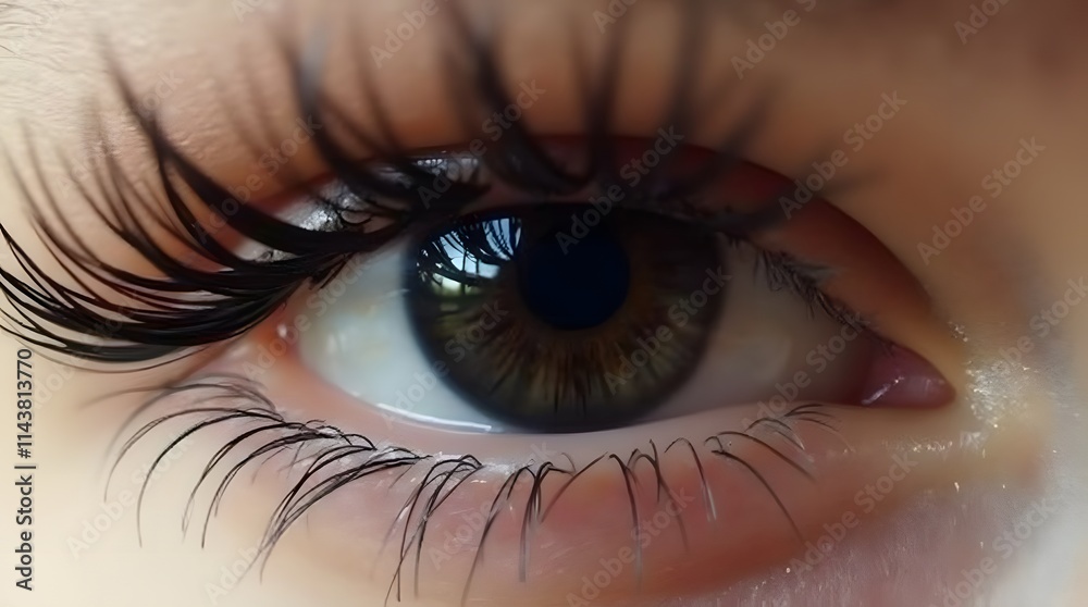 Fototapeta premium Close-up of a captivating hazel eye with long, dark eyelashes. The image highlights the intricate details of the iris and the delicate lashes.