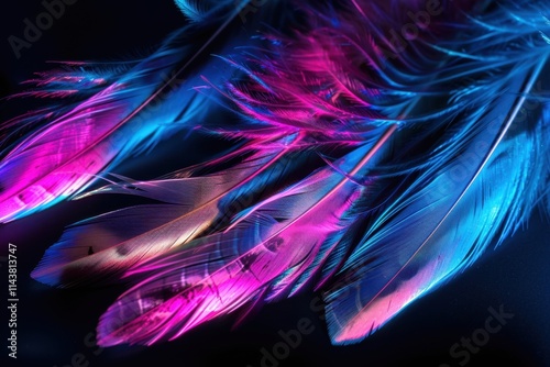 Neon glow feathers on a black background, vibrant glowing colors creating a striking contrast, soft lighting emphasizing the texture, macro lens capturing detailed view, 85mm macro lens. photo