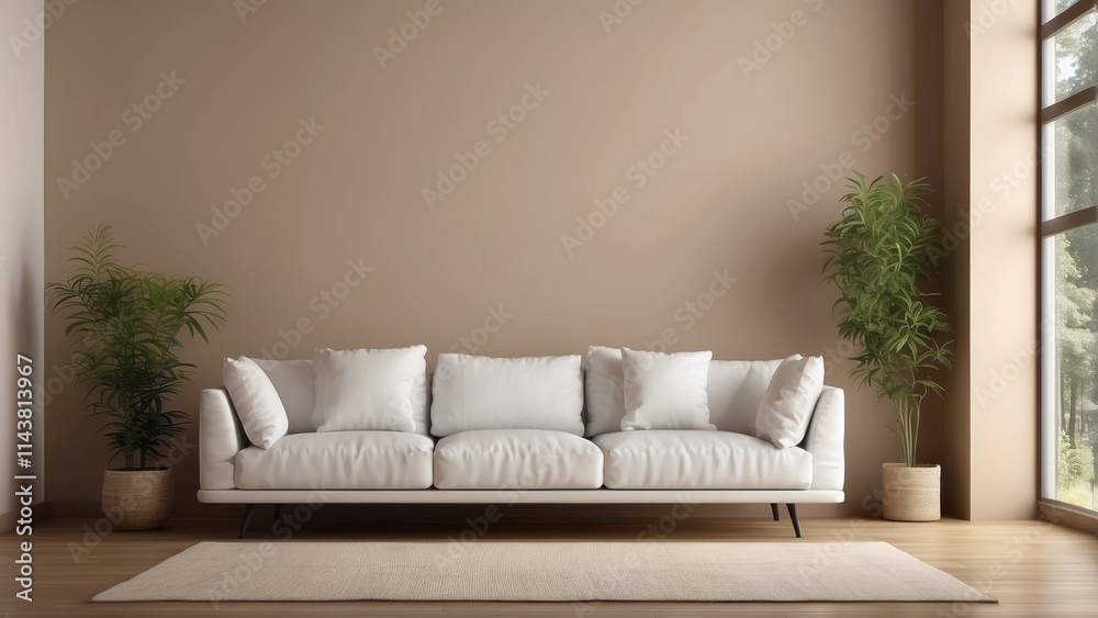 Fototapeta premium Minimalist Living Room with White Sofa and Plants