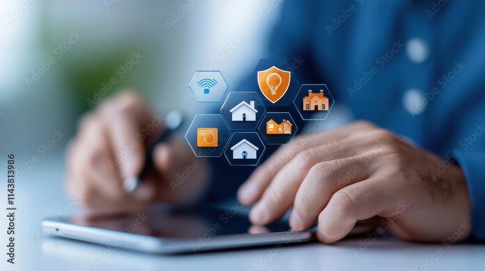 Closeup of a person s hands using a digital tablet device with various business and technology icons and symbols displayed on the screen representing the digital transformation innovation Closeup of a person s hands using a digital tablet device with various business and technology icons and symbols displayed on the screen representing the digital transformation innovation