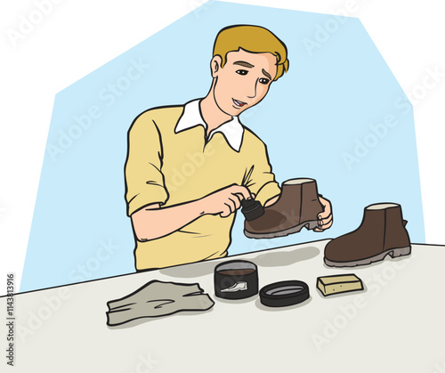 Young man shining his shoes.