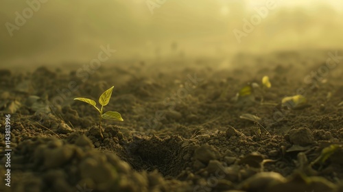 New life emerging from fertile soil, symbolic and hopeful scene. Soft morning light.
