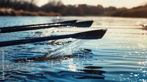 Oars dipping into the water during a rowing practice, creating ripples in the calm lake under clear sunny skies, natural lighting highlighting the dynamic motion. photo