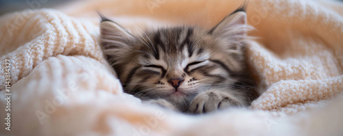 Fluffy kitten cuddled up in soft bedding