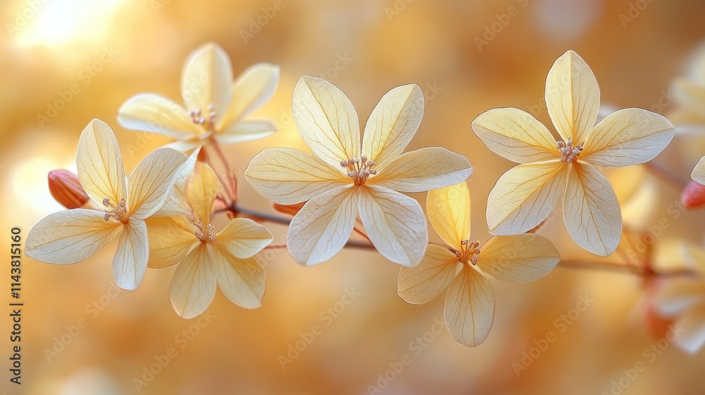 Naklejka premium Soft golden flowers on a branch, sunlit background.