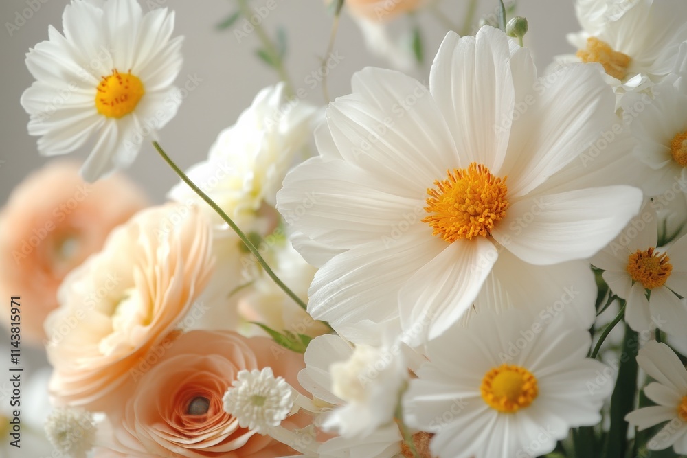 Fototapeta premium Beautiful array of white and peach flowers in a bright arrangement on a soft background