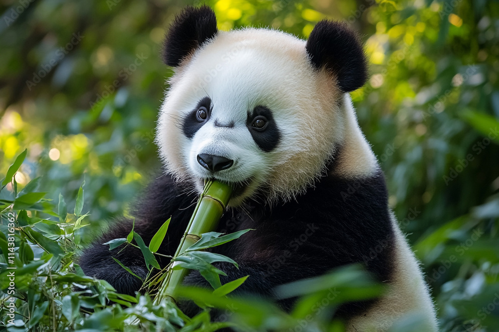 Gentle panda munching on bamboo in lush greenery Gentle panda munching on bamboo in lush greenery
