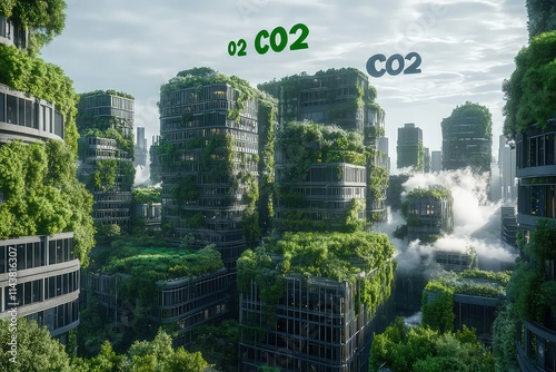 A futuristic city where buildings are covered with green vegetation, 