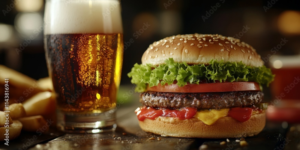 Refreshing cold beer served in a glass alongside delicious large burgers makes for the perfect fast food experience. Enjoy the combination of cold beer and juicy burgers for ultimate satisfaction. Refreshing cold beer served in a glass alongside delicious large burgers makes for the perfect fast food experience. Enjoy the combination of cold beer and juicy burgers for ultimate satisfaction.
