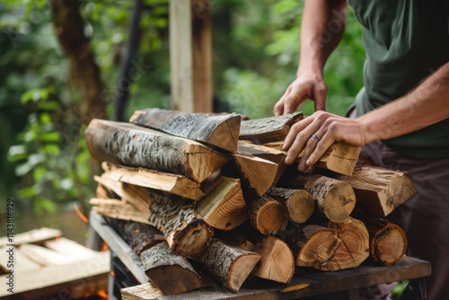 Person stacking firewood, preparing them for use, rustic outdoor setting, natural daylight. photo