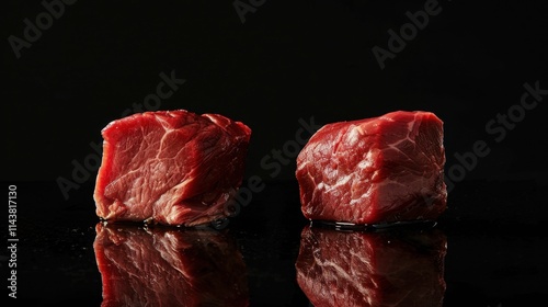 Pieces of red meat placed side by side. Studio lighting.