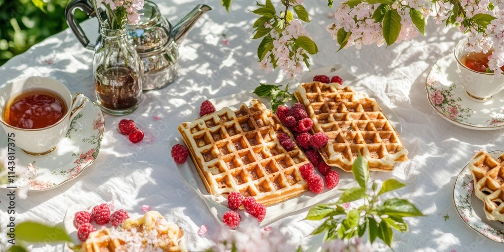 Spring picnic featuring waffles and tea laid out on a white tablecloth in a blooming garden, capturing the essence of outdoor brunches amidst cherry blossoms and a vibrant spring mood. Spring picnic featuring waffles and tea laid out on a white tablecloth in a blooming garden, capturing the essence of outdoor brunches amidst cherry blossoms and a vibrant spring mood.