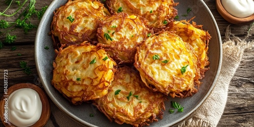 Delicious potato pancakes showcased in a top view perspective, highlighting the crispy texture of these golden hash browns. Enjoy the delightful taste of potato pancakes and hash browns. photo