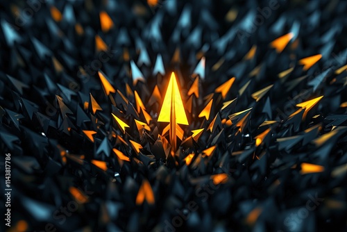 A golden, illuminated upward arrow piercing through a field of black arrows in chaotic directions, symbolizing clarity, growth, and financial success in the business world."