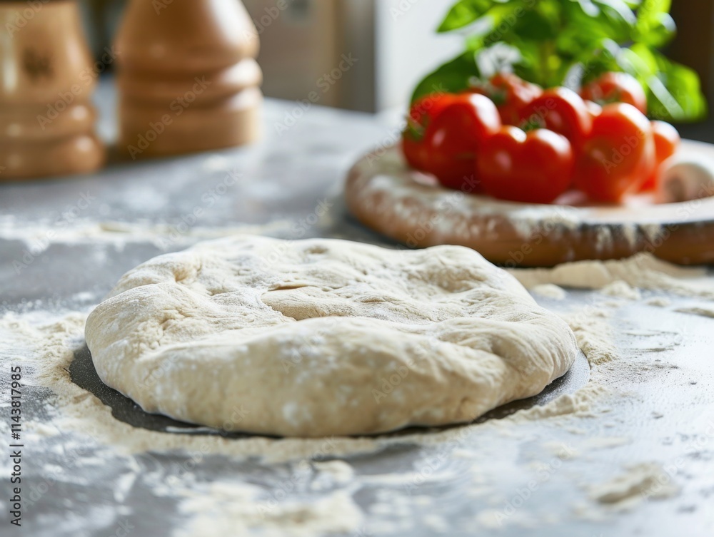 Pizza dough on a flour-dusted table being prepared for baking, emphasizing the initial stage of cooking. Natural lighting. Pizza dough on a flour-dusted table being prepared for baking, emphasizing the initial stage of cooking. Natural lighting.
