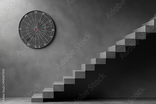 A gray background with a dartboard and staircase, symbolizing the journey to business success through strategic steps and targeting the right opportunities.