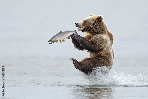 Grizzly bear catching salmon in mid-air