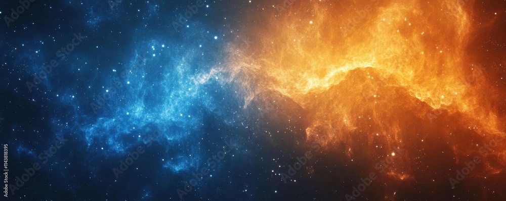 Obraz premium A stunning cosmic scene featuring swirling blue and orange nebulae, set against a backdrop of stars, evoking the mysteries of the universe.