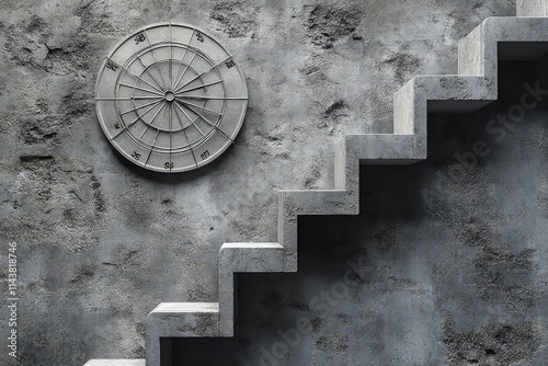 A gray background with a dartboard and staircase, symbolizing the journey to business success through strategic steps and targeting the right opportunities.