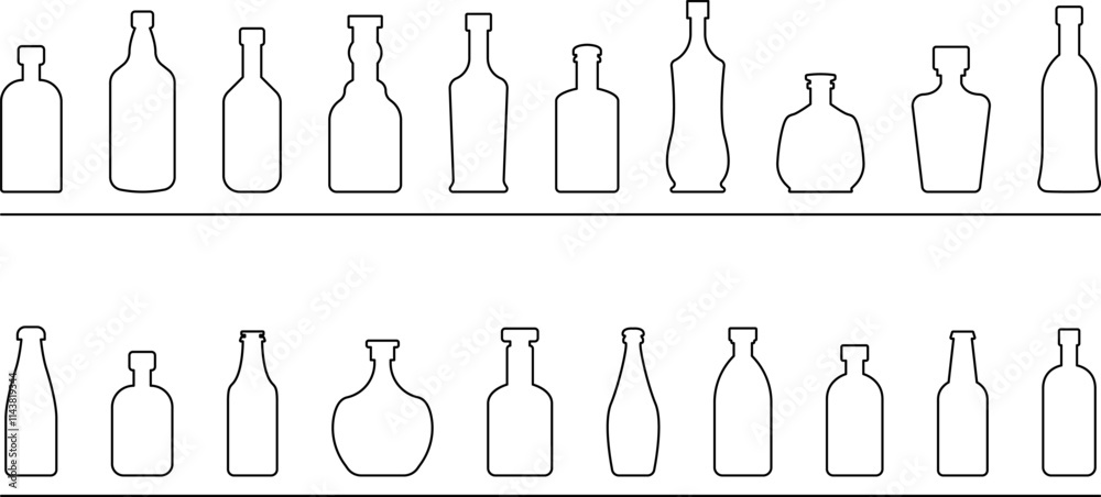 Glass bottle icon set - Different silhouettes of bottle. Glass bottles symbols, Bar sign vector illustration. Glass bottle icon set - Different silhouettes of bottle. Glass bottles symbols, Bar sign vector illustration.