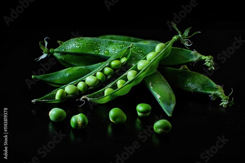 Pods of green peas on a black background, highlighting high contrast and the vividness of the fresh vegetable. Studio lighting.