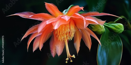 A stunning Queen of the Night flower Epiphyllum oxypetalum blooms in the morning, showcasing its beauty. The Queen of the Night flower is known for its extraordinary evening display. photo