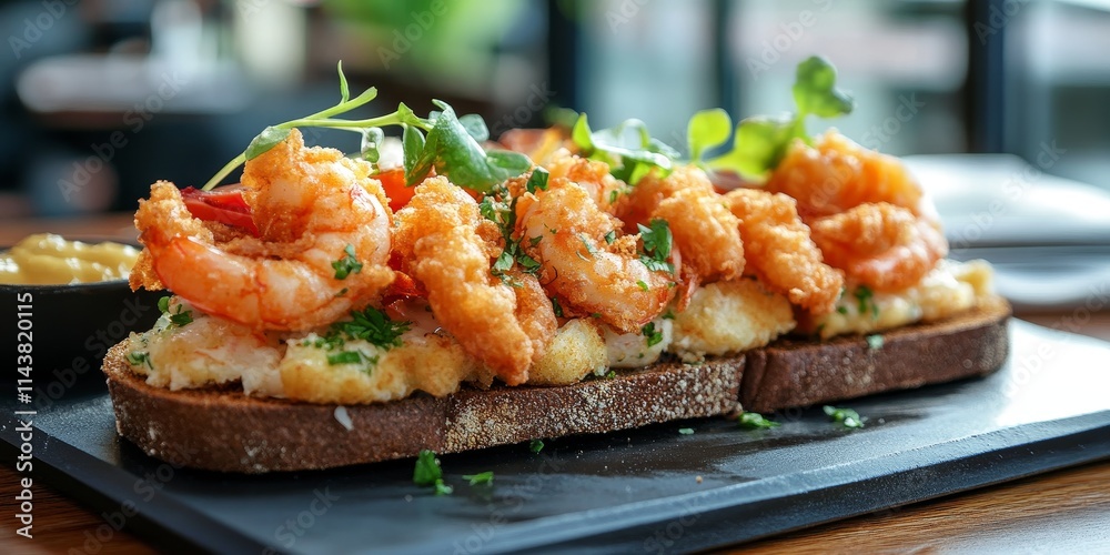 Open sandwich featuring rye bread topped with fried fish and shrimp displayed on a cafe table, showcasing a delicious fast food option of an open sandwich variety. Open sandwich featuring rye bread topped with fried fish and shrimp displayed on a cafe table, showcasing a delicious fast food option of an open sandwich variety.