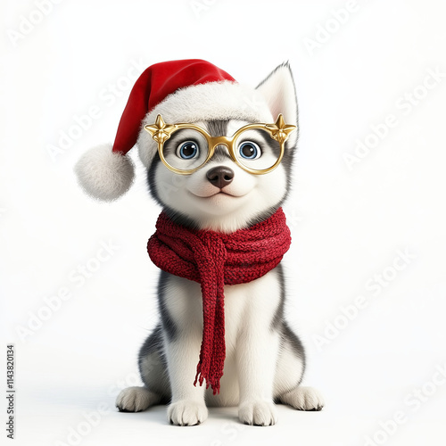 Cute husky puppy wearing glasses and Santa hat with red scarf. This festive pet exudes joy and holiday spirit, perfect for Christmas celebrations