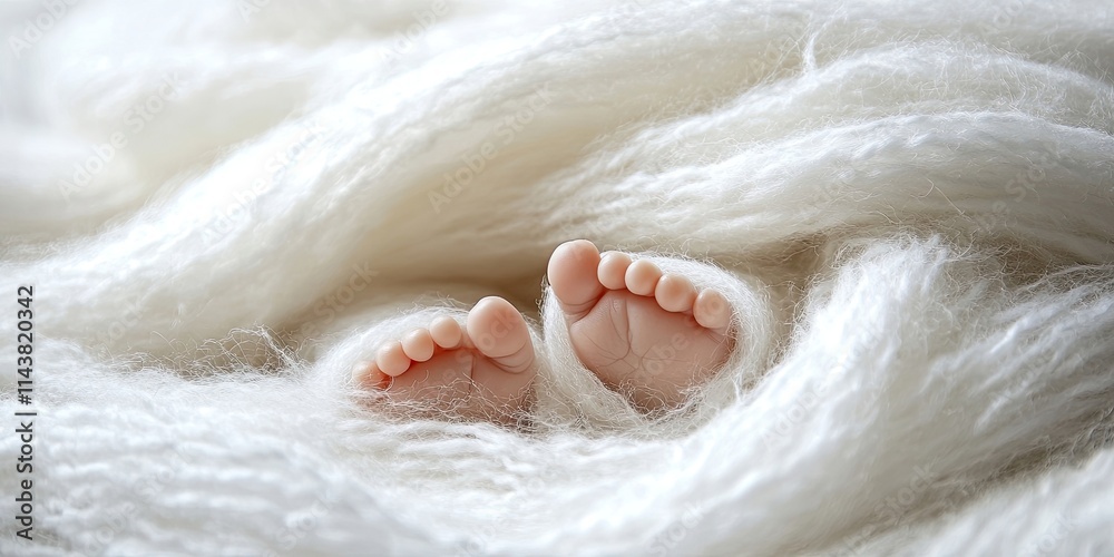 Obraz premium Newborn soft feet wrapped in a cozy white woolen blanket showcase the delicate beauty of infant tenderness, highlighting the softness and warmth that a newborn brings.