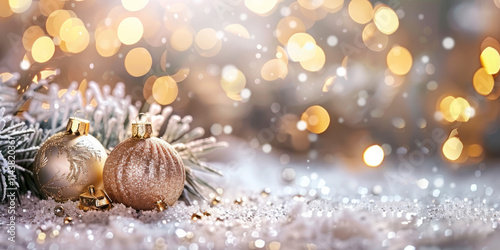 A golden Christmas tree with golden baubles and ornaments, decorated for the holiday season, surrounded by snow, lights, and festive cheer,Generated By Ai