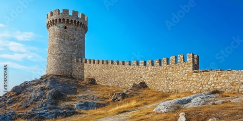 Ancient fortress with a prominent tower and sturdy wall, showcasing the architectural strength of historical fortifications, emphasizing the tower s beauty and the wall s resilience in design. photo