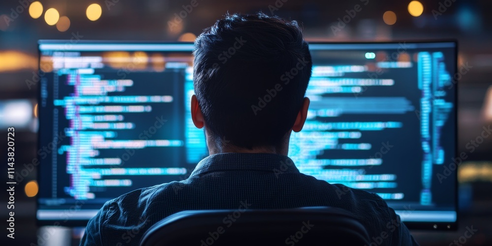 Software developer immersed in work on a computer, focused on neural networking, machine learning, big data, and artificial intelligence. This back view shot showcases coding language projected Software developer immersed in work on a computer, focused on neural networking, machine learning, big data, and artificial intelligence. This back view shot showcases coding language projected