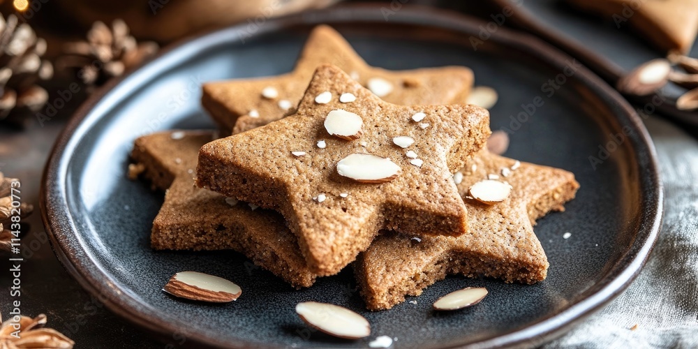 Fototapeta premium Gingerbread served on a plate garnished with sliced almond creates a delightful presentation, highlighting the rich flavors of gingerbread alongside the crunchy texture of almond.