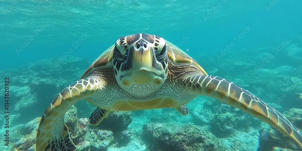 Fototapeta premium Close encounter with a green sea turtle while exploring underwater experience the beauty and grace of the green sea turtle in its natural habitat during this amazing underwater adventure.